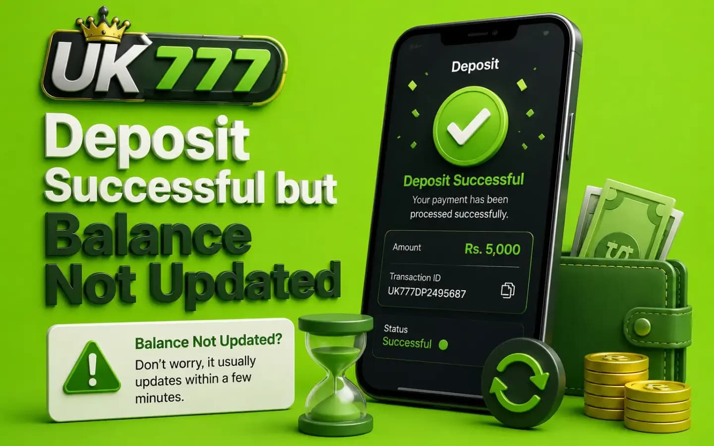 A completed UK777 deposit with the account balance still showing the old amount