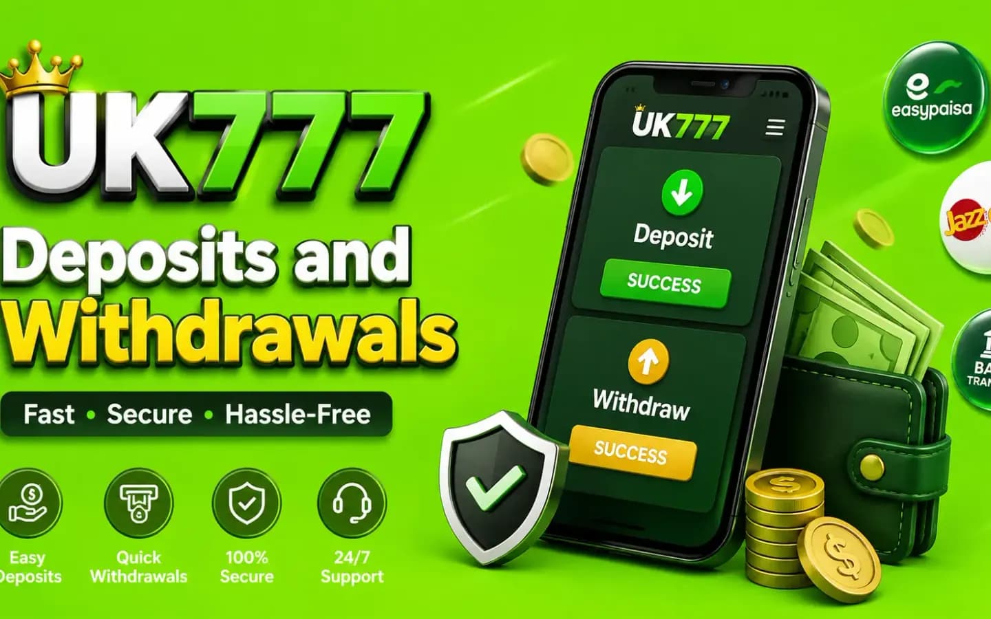 UK777 deposits and withdrawals screen showing the available payment methods