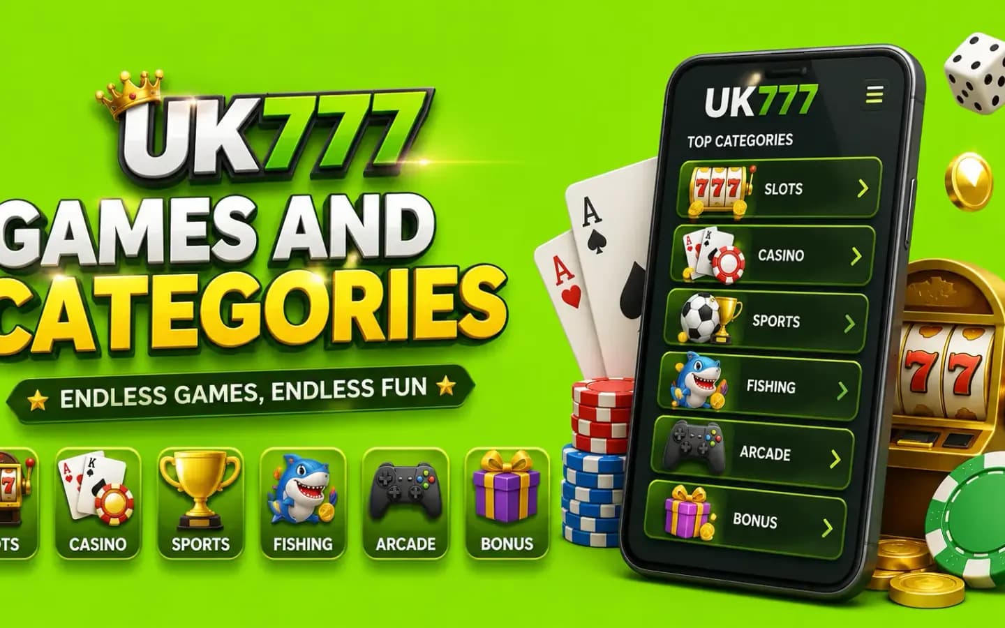 UK777 game categories including slots, live casino, card games and sports betting