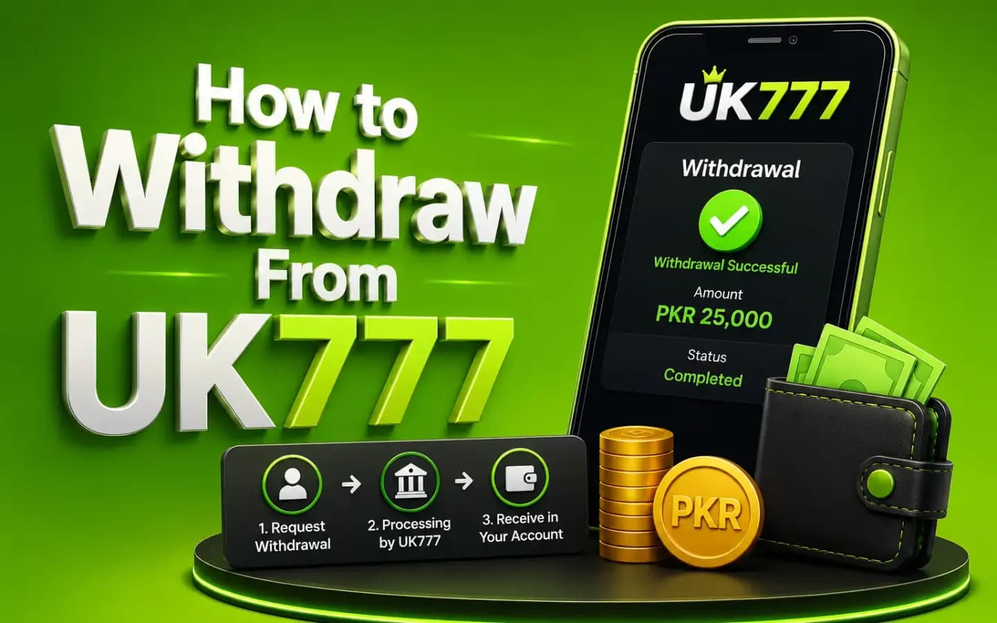 How to withdraw from UK777, showing the cash-out request being submitted